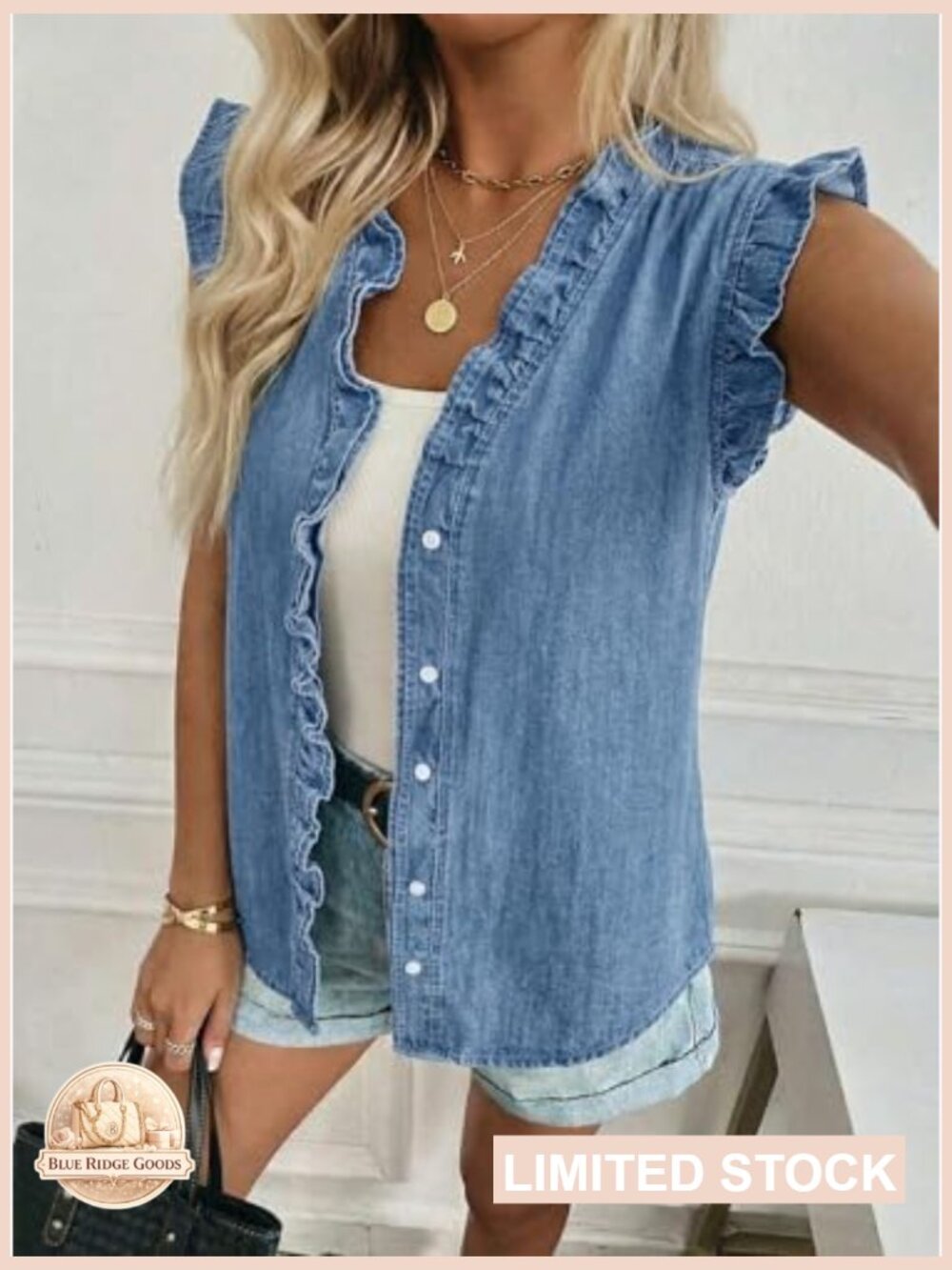 Denim Vest Top Peplum V-Neck Sleeveless Chic Casual Button Down - Picture 4 of 7